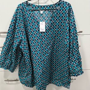 Croft & Barrow Teal and Navy Geometric Blouse